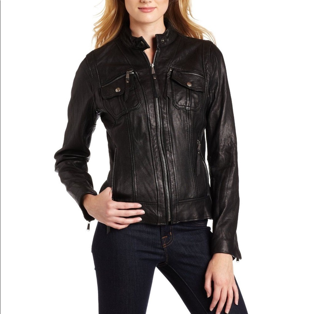 Michael Kors Black Leather Cafe Moto Jacket